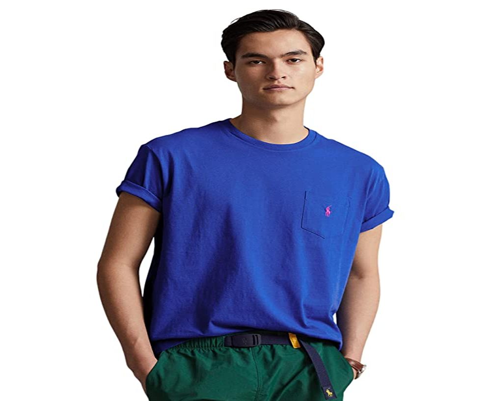Camiseta Polo Ralph Lauren Masculina Classic Fit Jersey com Bolso Azul Tamanho X-G