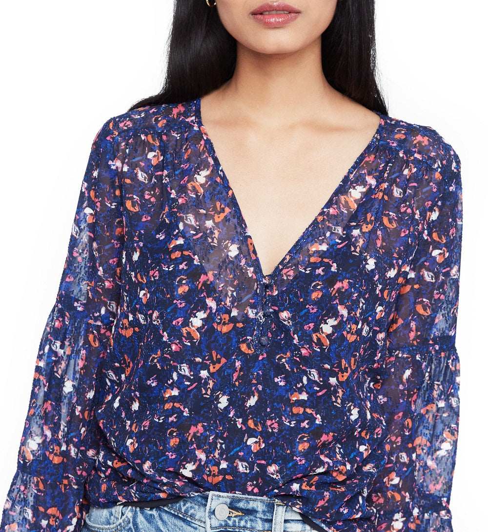 Blusa Parker Feminina Estampada Transparente Manga Longa Gola V Azul Tamanho XS