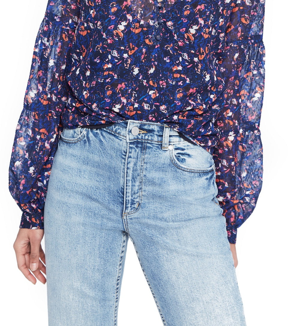 Blusa Parker Feminina Estampada Transparente Manga Longa Gola V Azul Tamanho XS