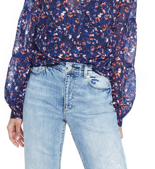 Blusa Parker Feminina Estampada Transparente Manga Longa Gola V Azul Tamanho XS