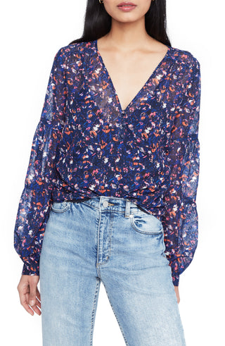 Blusa Parker Feminina Estampada Transparente Manga Longa Gola V Azul Tamanho XS