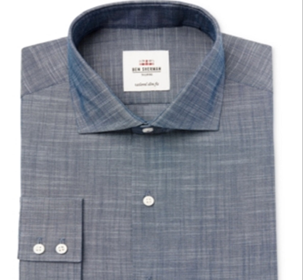 Camisa social masculina Ben Sherman Slim Fit Slub Chambray Azul Tamanho 15,5 x 32 x 33