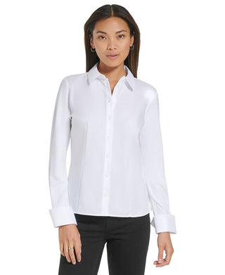Camisa feminina Calvin Klein de malha com botões, branca, tamanho GG