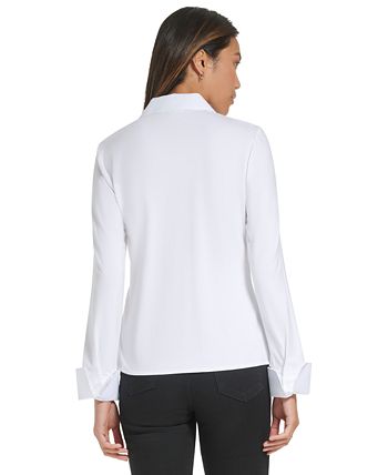 Camisa feminina Calvin Klein de malha com botões, branca, tamanho GG