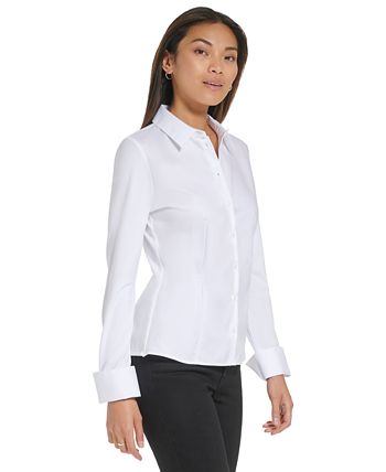 Camisa feminina Calvin Klein de malha com botões, branca, tamanho GG