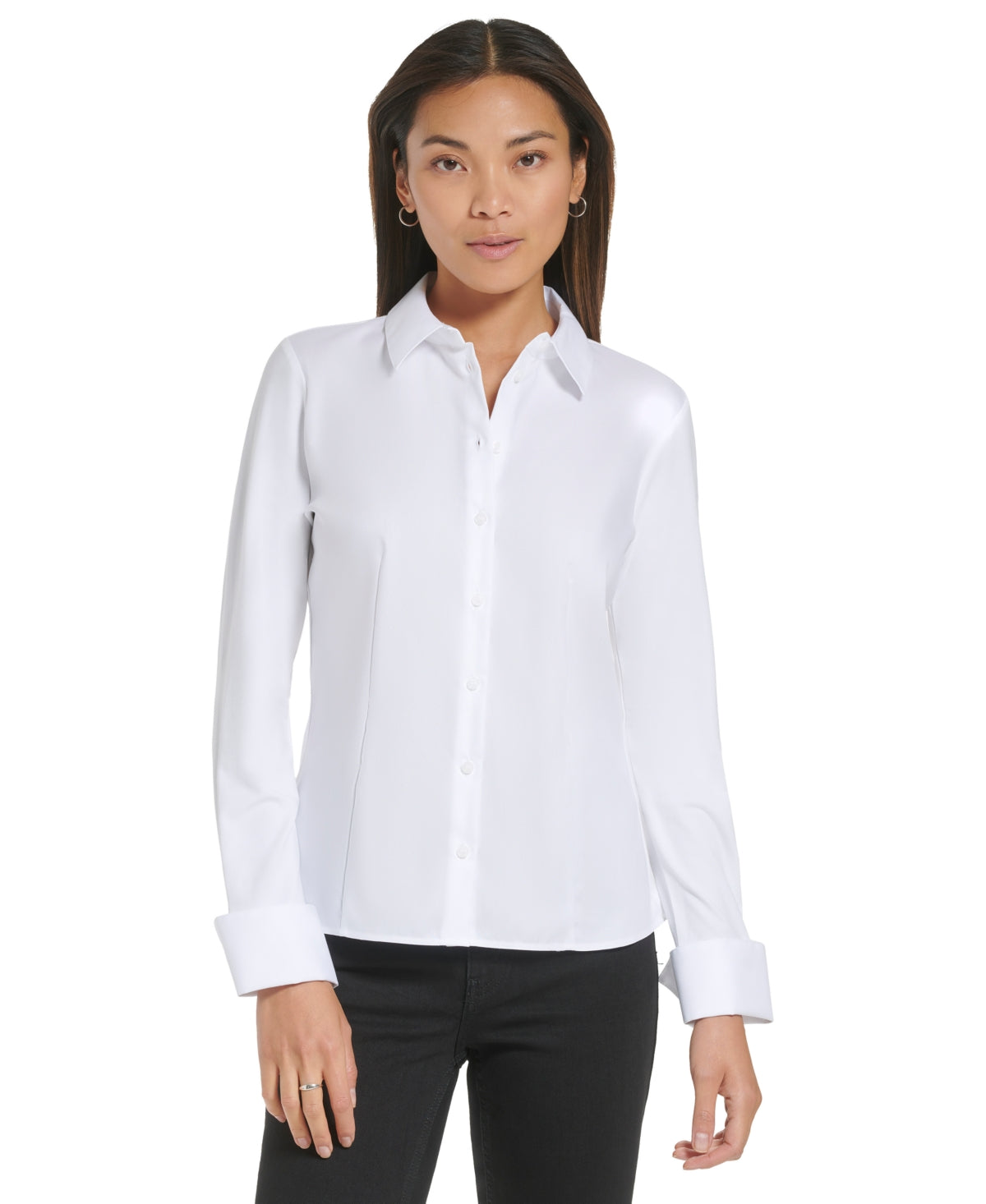 Camisa feminina Calvin Klein de malha com botões, branca, tamanho GG