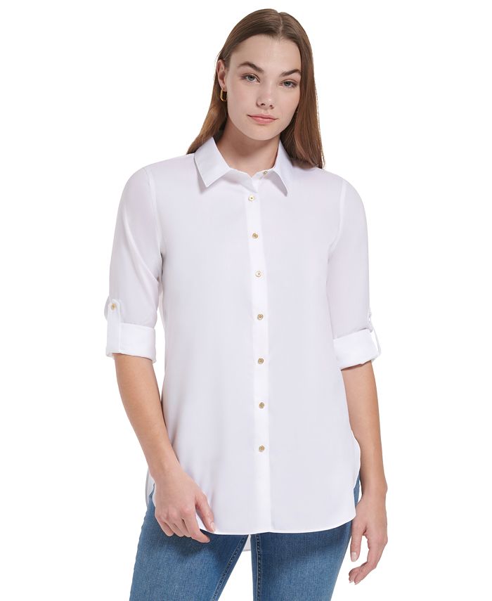 Túnica Calvin Klein Feminina com Botões e Manga Longa, Branca, Tamanho P