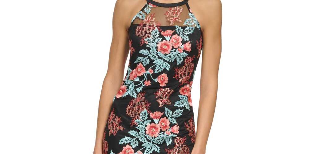 Vestido justo feminino GUESS em malha bordada, preto, tamanho 0