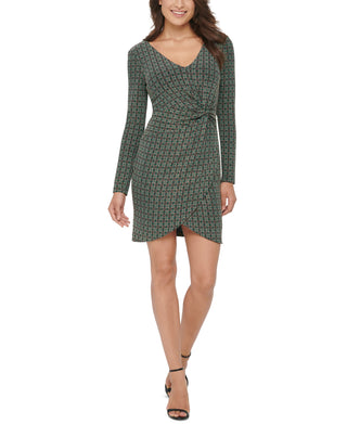 Vestido feminino GUESS com decote em V e bolinhas metálicas, torcido, verde, tamanho 8