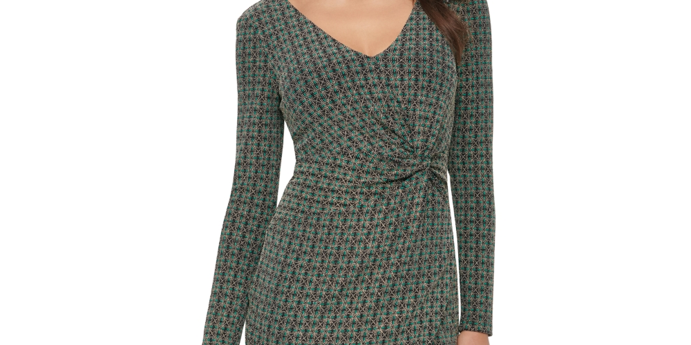 Vestido feminino GUESS com decote em V e bolinhas metálicas, torcido, verde, tamanho 8