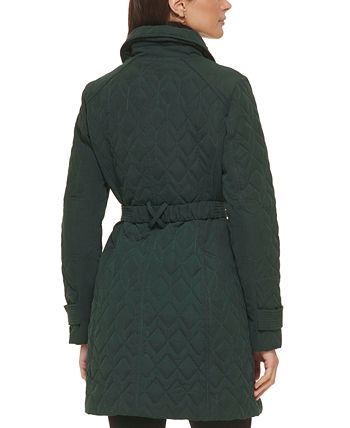 Casaco feminino GUESS acolchoado assimétrico com cinto e losangos, preto, tamanho médio
