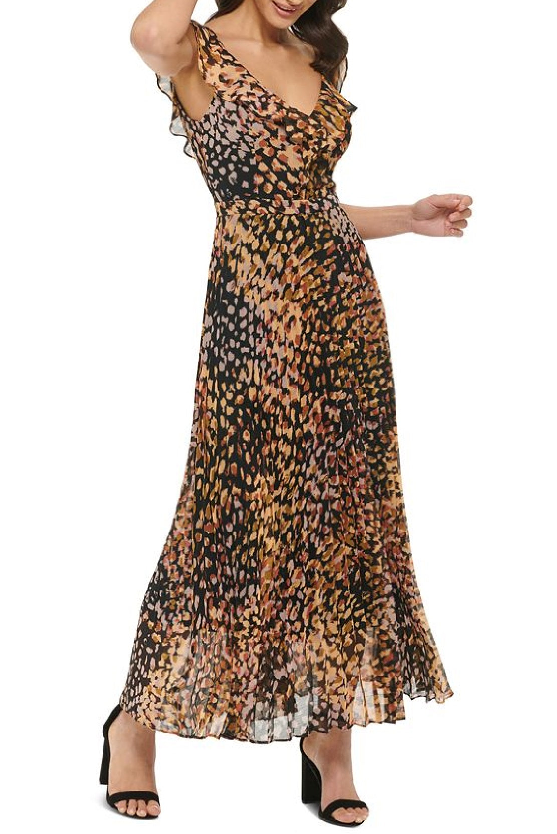 Vestido longo estampado com babados GUESS feminino, preto, tamanho 12