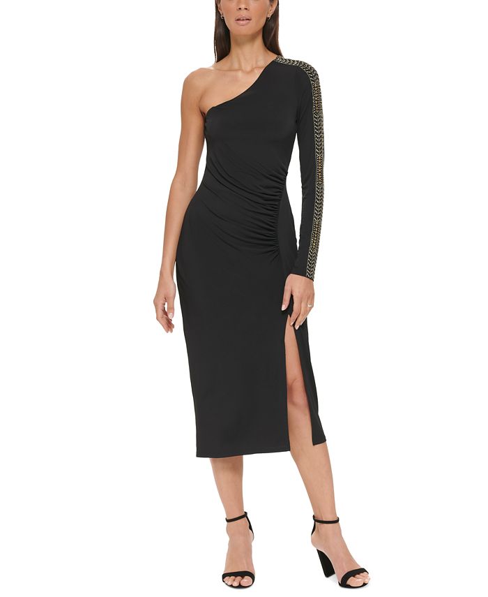 Vestido midi com mangas enfeitadas GUESS One Should para mulheres, preto, tamanho 4