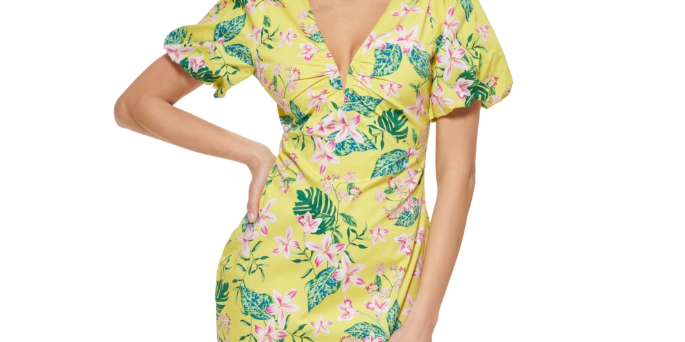 Vestido justo feminino GUESS com manga bufante e estampa amarela, tamanho 8