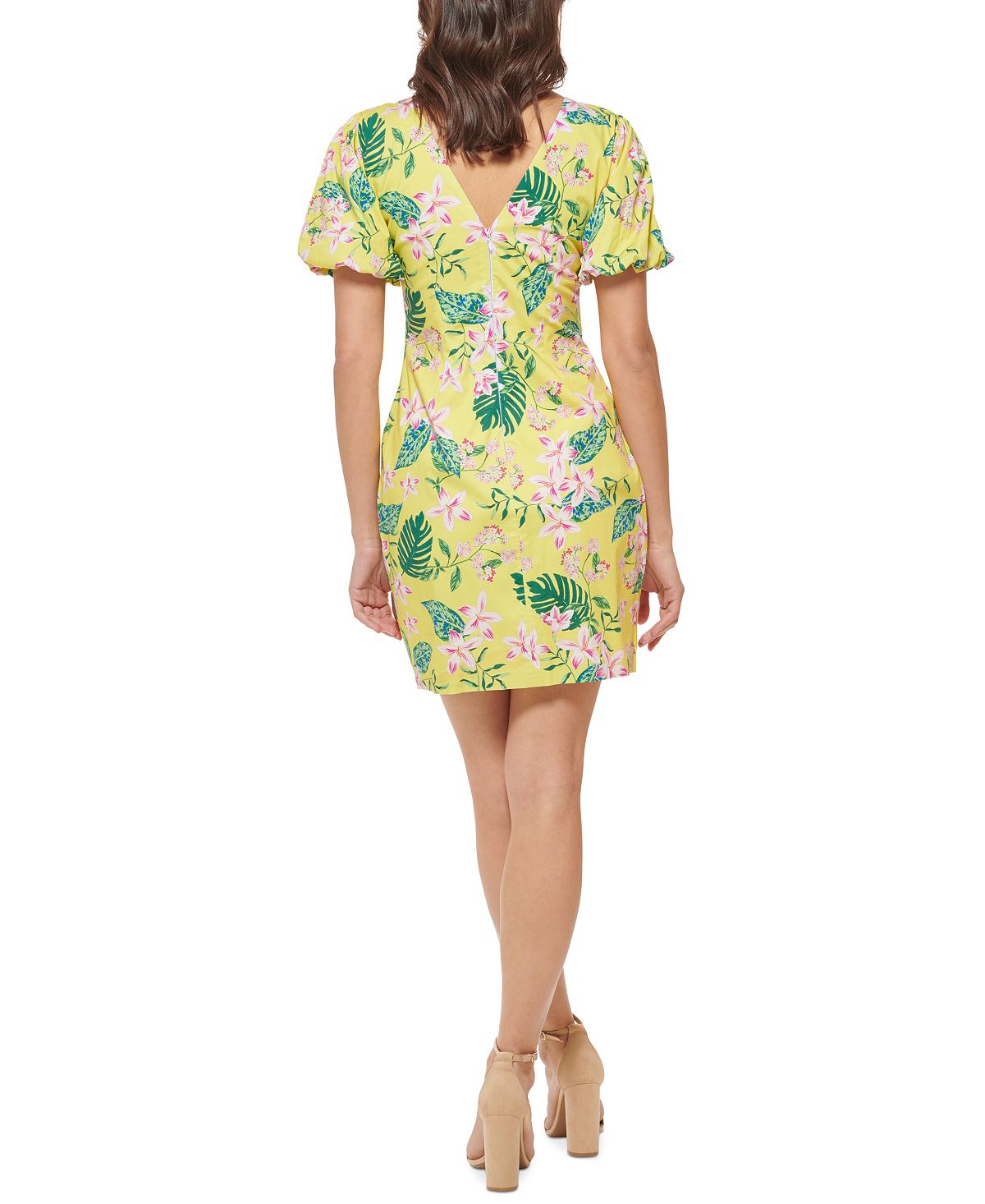 Vestido justo feminino GUESS com manga bufante e estampa amarela, tamanho 6