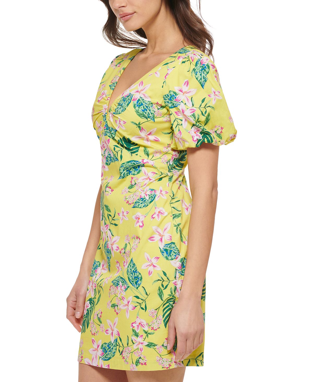 Vestido justo feminino GUESS com manga bufante e estampa amarela, tamanho 6