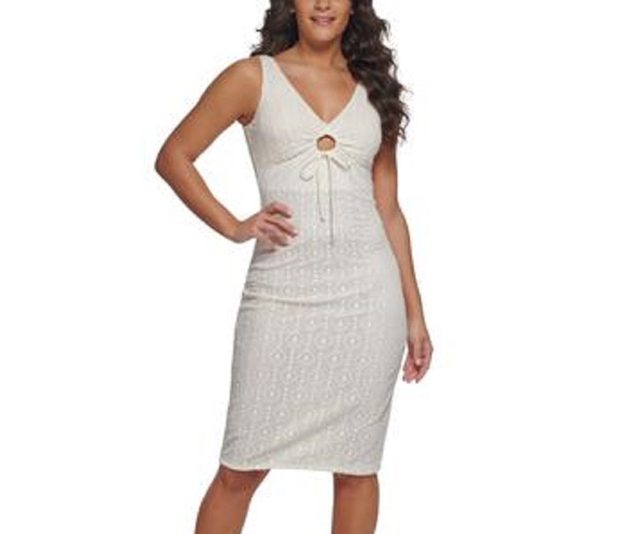Vestido justo sem mangas com renda geométrica GUESS feminino, branco, tamanho 10