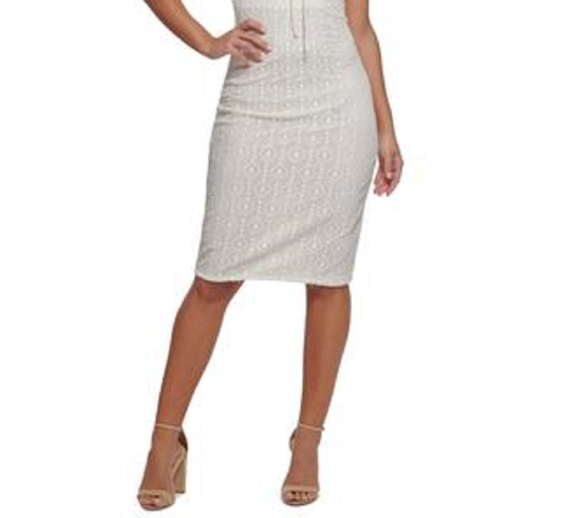 Vestido justo sem mangas com renda geométrica GUESS feminino, branco, tamanho 10