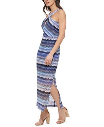 Vestido longo feminino GUESS com decote halter e renda em crochê, azul, tamanho 12