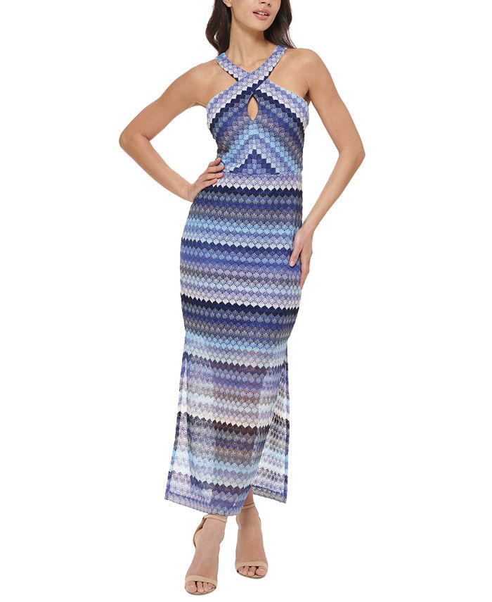 Vestido longo feminino GUESS com decote halter e renda em crochê, azul, tamanho 8