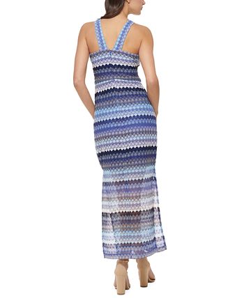Vestido longo feminino GUESS com decote halter e renda em crochê, azul, tamanho 8