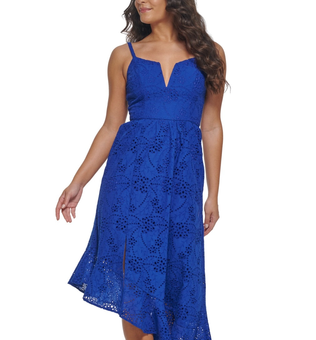 Vestido midi assimétrico com ilhós de algodão GUESS feminino, azul, tamanho 6