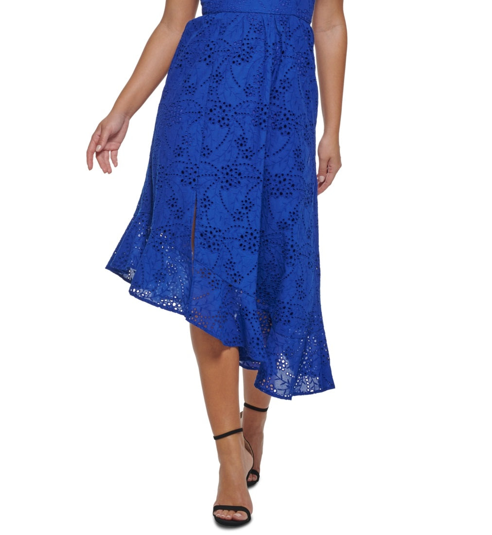Vestido midi assimétrico com ilhós de algodão GUESS feminino, azul, tamanho 6
