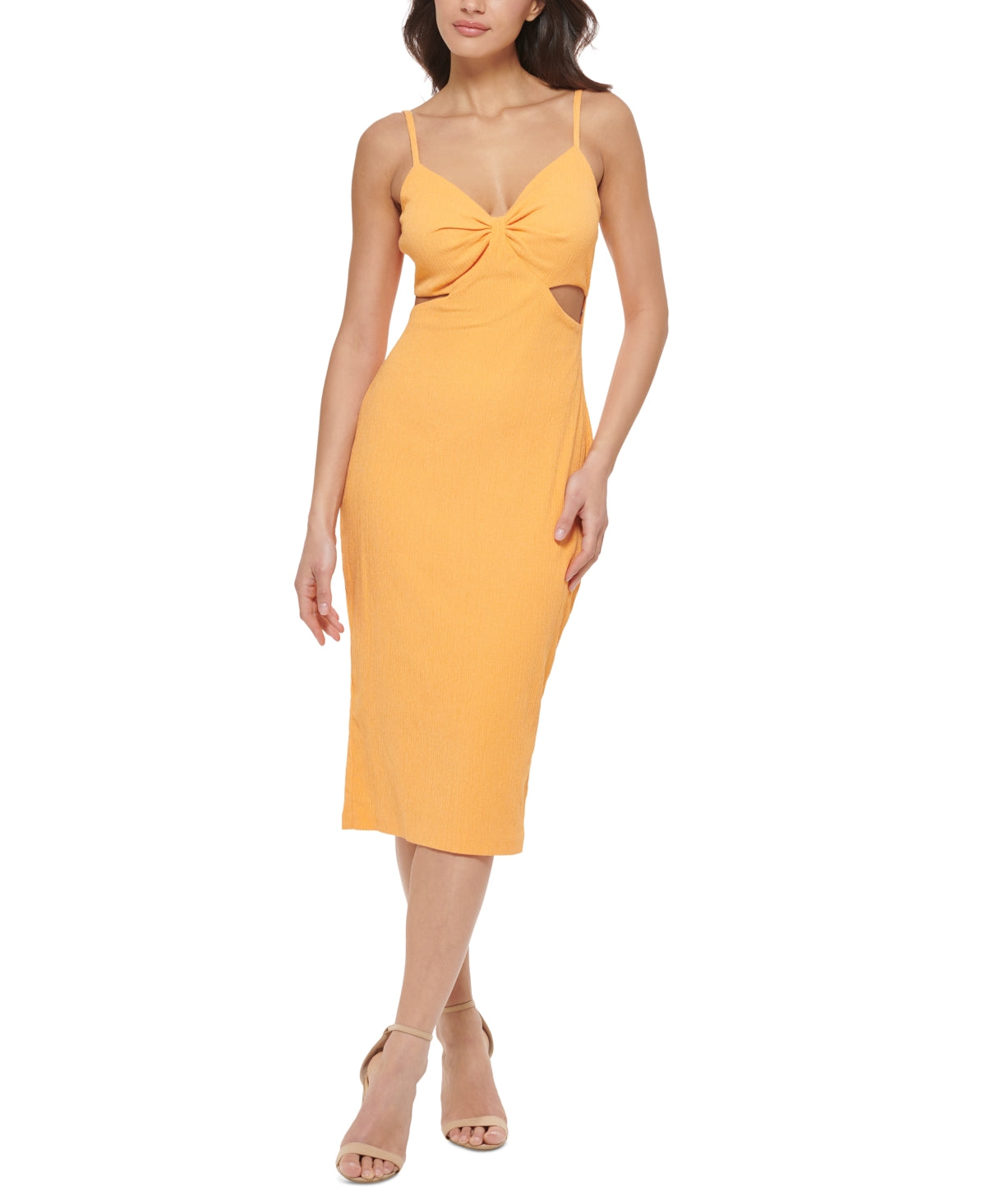Vestido midi feminino GUESS sem mangas, de malha texturizada, com recorte lateral, laranja, tamanho 10
