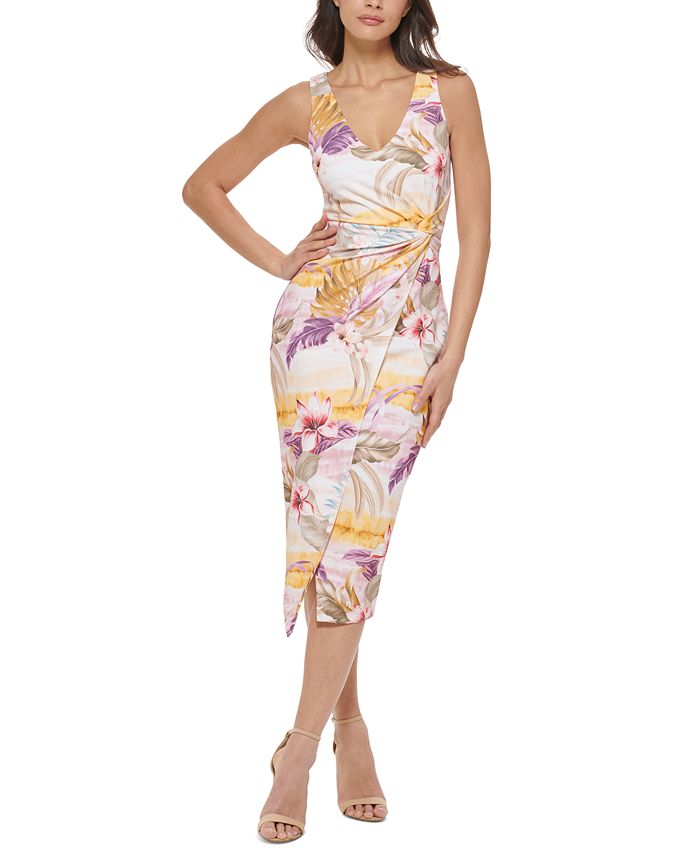 Vestido midi estampado com detalhe de nó GUESS feminino, branco, tamanho 8