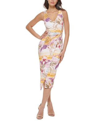 GUESS Women's Printed Knot Detail Midi Dress White Size 8