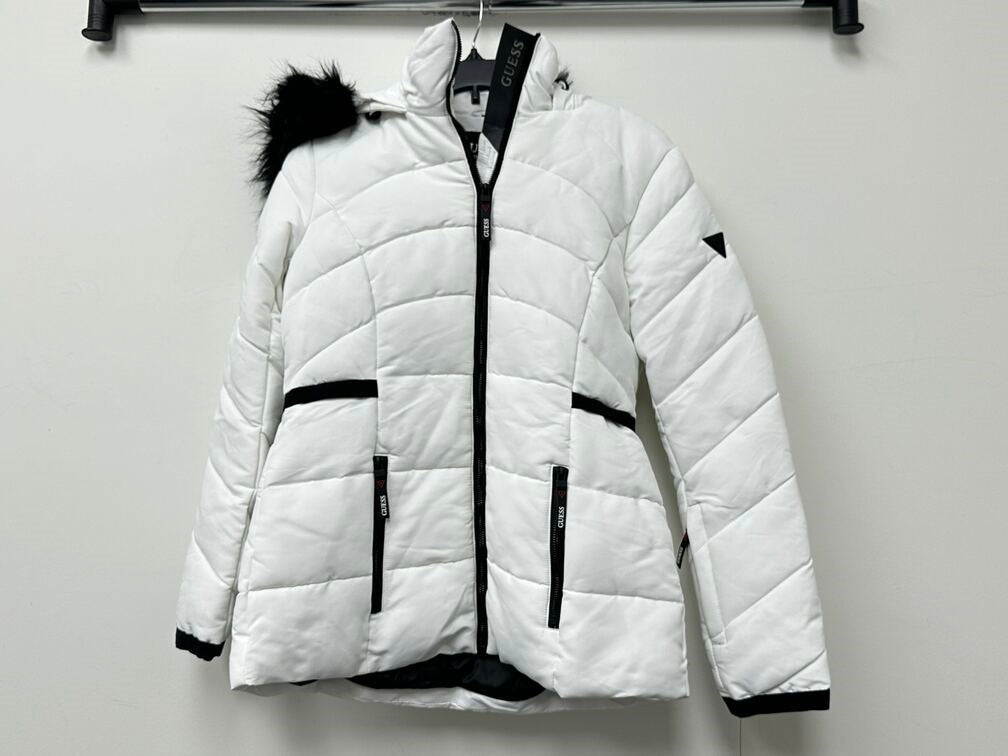 Casaco feminino Guess com capuz e acabamento em pele sintética, branco, tamanho pequeno