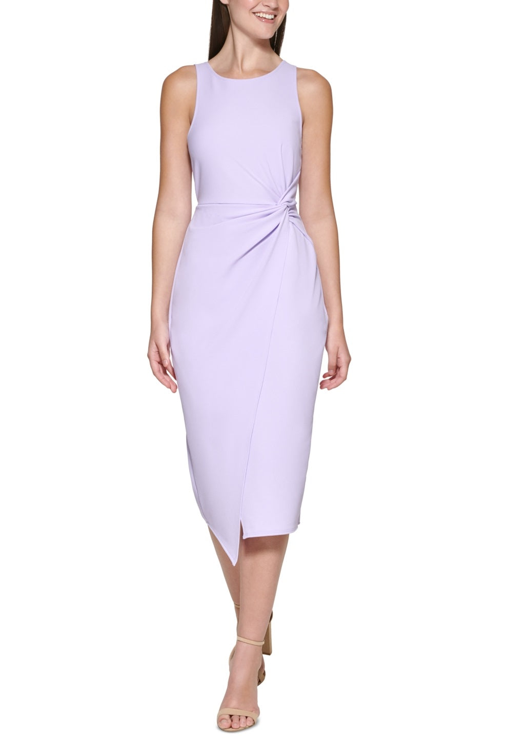 Vestido justo de crepe GUESS feminino com frente torcida e bainha roxa, tamanho grande