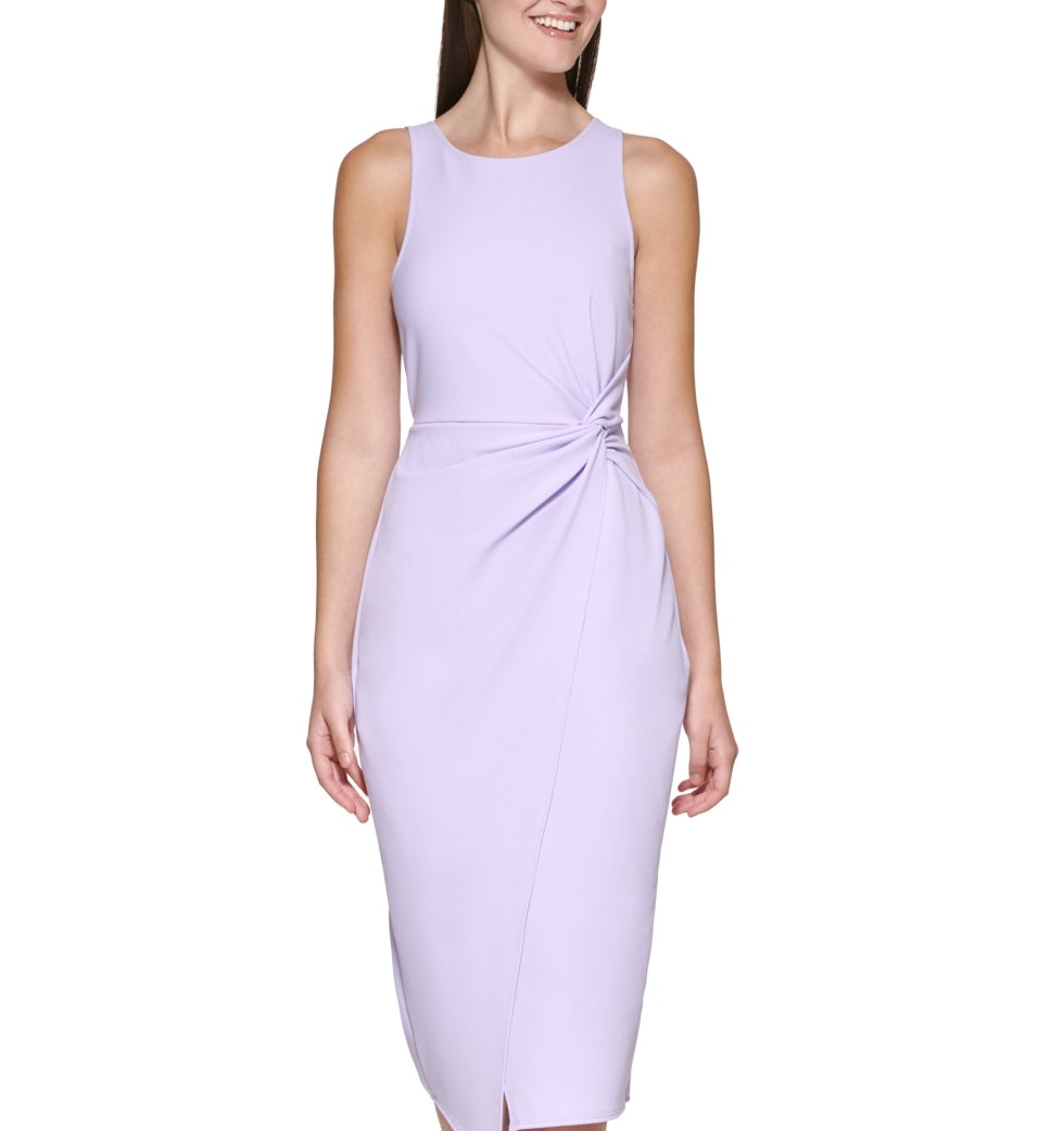 Vestido justo de crepe GUESS feminino com frente torcida e bainha roxa, tamanho grande