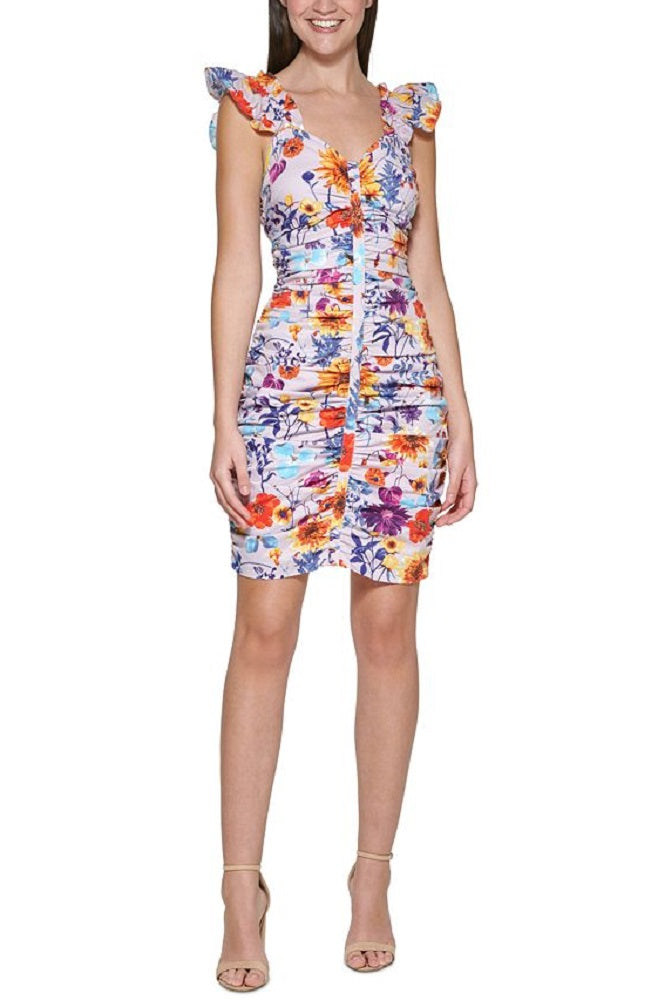 Vestido feminino GUESS com estampa floral e babados, roxo, tamanho 16