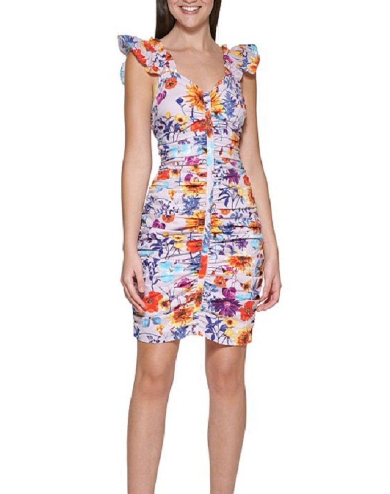 Vestido feminino GUESS com estampa floral e babados, roxo, tamanho 16