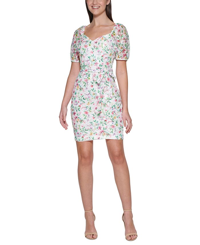 Vestido curto feminino GUESS com estampa de renda e manga bufante, branco, tamanho 10