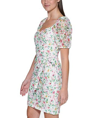 Vestido curto feminino GUESS com estampa de renda e manga bufante, branco, tamanho 10