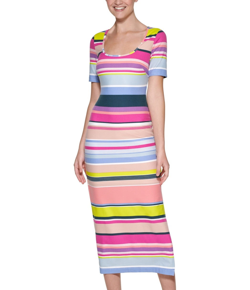 Vestido midi de malha canelada listrada GUESS feminino, rosa, tamanho 12
