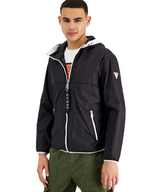 Jaqueta de chuva com capuz masculina GUESS, preta, tamanho pequeno