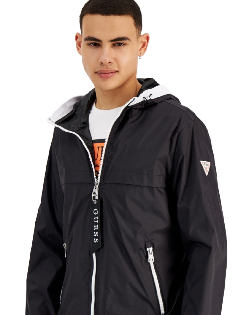 Jaqueta de chuva com capuz masculina GUESS, preta, tamanho pequeno