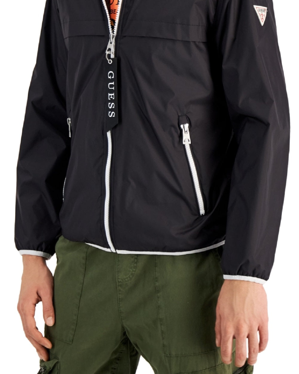 Jaqueta de chuva com capuz masculina GUESS, preta, tamanho pequeno