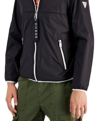 Jaqueta de chuva com capuz masculina GUESS, preta, tamanho pequeno
