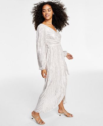 Vestido longo feminino GUESS com listras metálicas e falso envelope, branco, tamanho 8