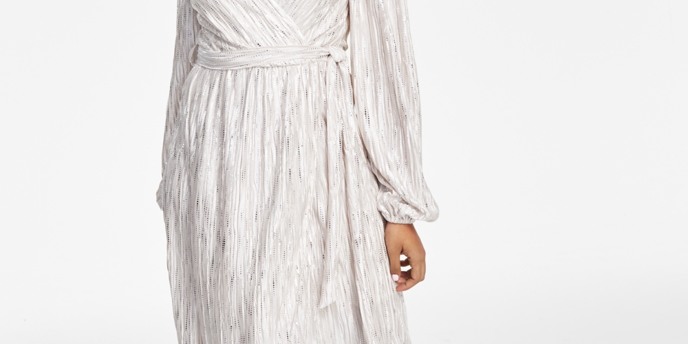 Vestido longo feminino GUESS com listras metálicas e falso envelope, branco, tamanho 8