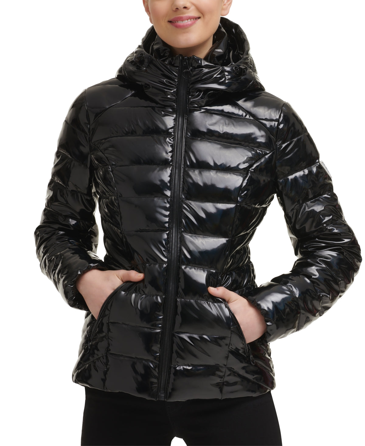 Casaco feminino GUESS com capuz e brilho, preto, tamanho pequeno