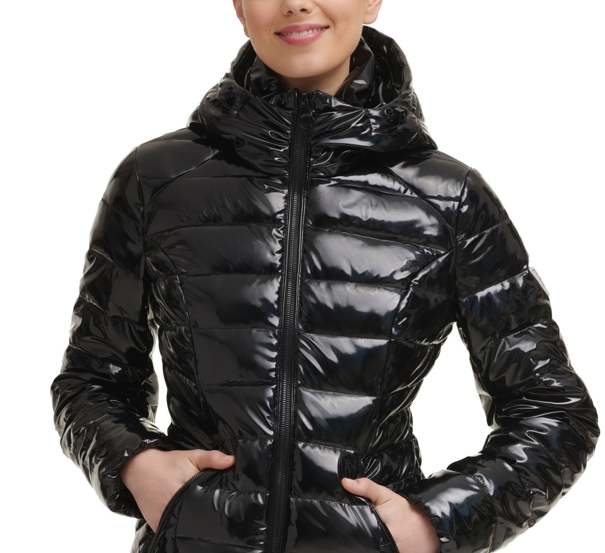Casaco feminino GUESS com capuz e brilho, preto, tamanho pequeno