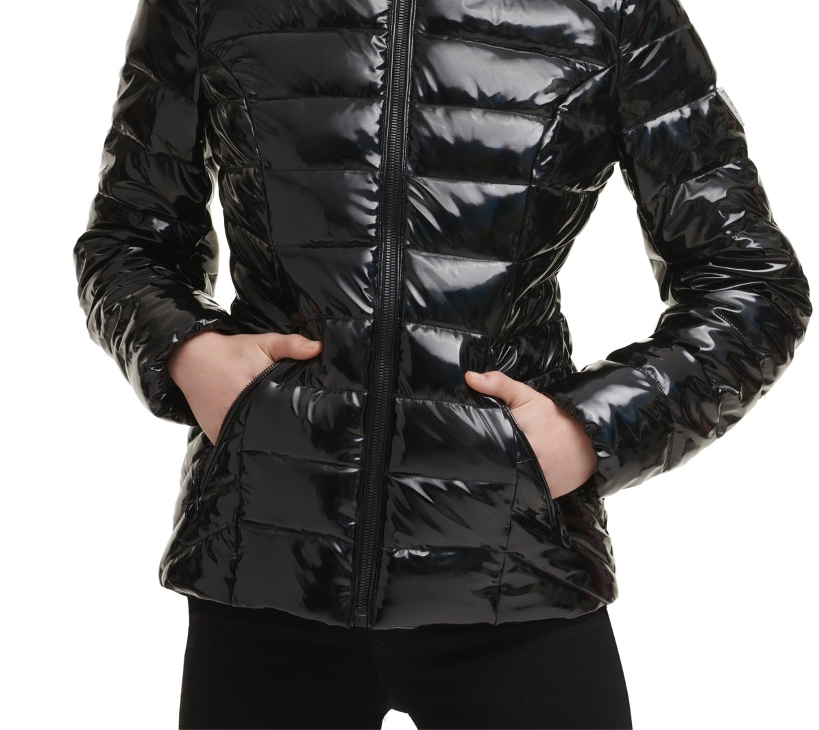 Casaco feminino GUESS com capuz e brilho, preto, tamanho pequeno