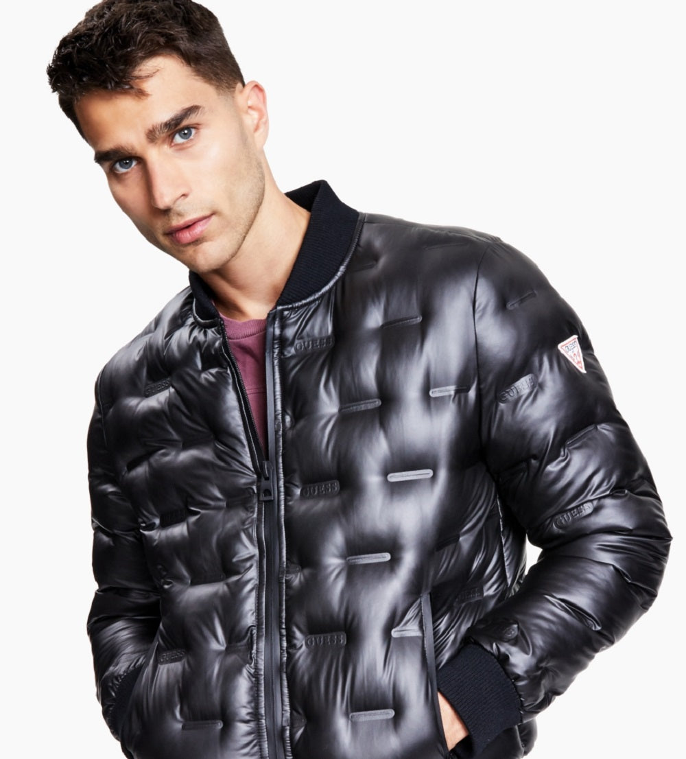 Jaqueta bomber masculina GUESS Stamp Quilt Puffer preta tamanho médio