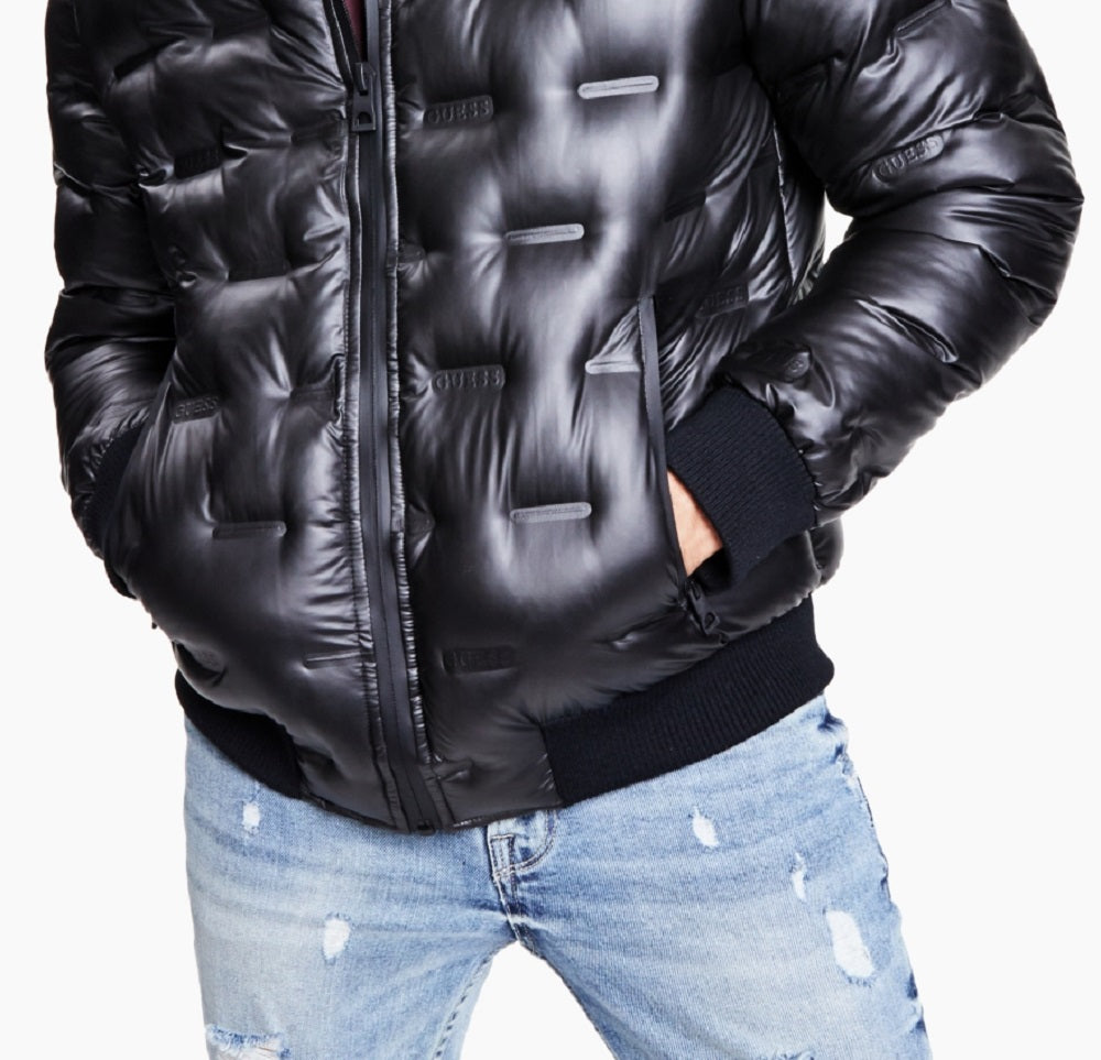 Jaqueta bomber masculina GUESS Stamp Quilt Puffer preta tamanho médio