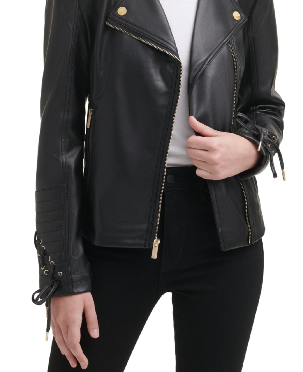 Casaco assimétrico de couro sintético feminino GUESS, preto, tamanho grande